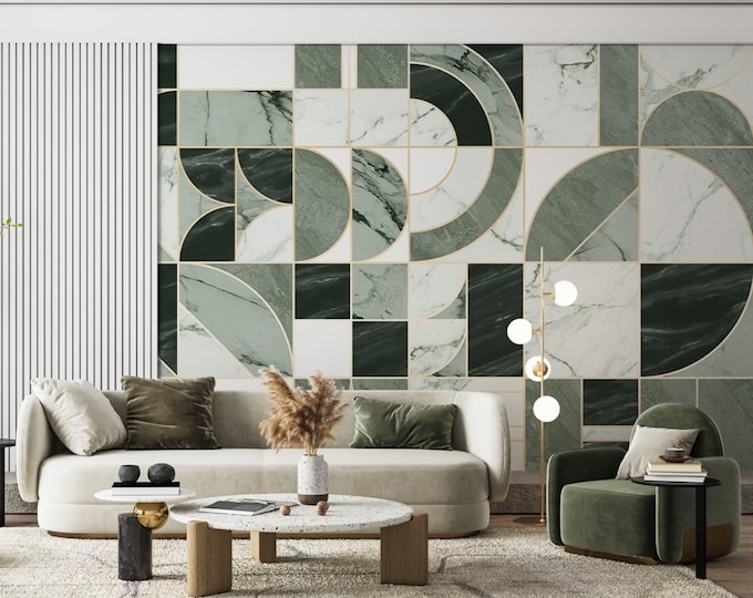 Geometric Marble Style  Wallpaper,  Peel and Stick Modern Beautiful Green Boho Wall Mural for Living Room Bedroom, Art Decor Wallpaper