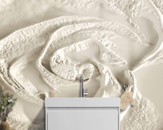 3D White Effect Rose Marble Wall Mural – Sculpted Floral Texture Wallpaper for Modern Interiors, Bedroom Accent Wall,  Luxe Home Decor