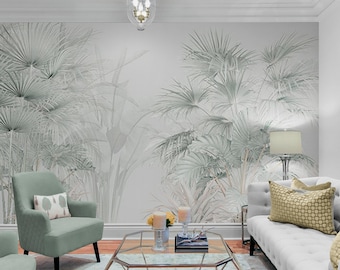 Modern Gray Palm Wallpaper Mural – Minimalist Tropical Leaves Wall Art, Chic Botanical Pattern, Removable Peel & Stick Living Room Decor