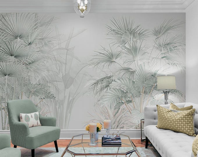 Modern Gray Palm Wallpaper Mural – Minimalist Tropical Leaves Wall Art, Chic Botanical Pattern, Removable Peel & Stick Living Room Decor