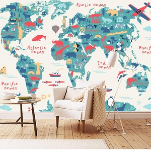 Weltkarte Wandbild für Kinder – Bunt illustrierte Tiere, Landschaften & Meere – Kinderzimmer Wanddeko Abenteuer