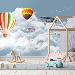 Aviation Kids Wallpaper Mural – Realistic Planes & Hot Air Balloons in Clouds – Peel and Stick Adventure Wall Decor for Playroom or Room