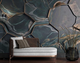 3D Hexagon Marble Wallpaper – Luxury Dark Teal and Gold Wall Mural for Living Room – Modern Geometric Peel and Stick Wall Decor