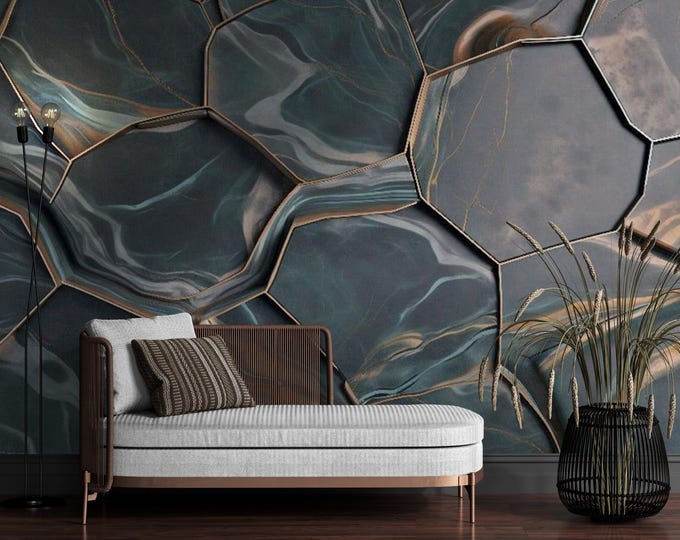 3D Hexagon Marble Wallpaper – Luxury Dark Teal and Gold Wall Mural for Living Room – Modern Geometric Peel and Stick Wall Decor