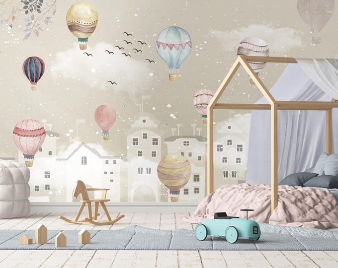Air Balloons and Cities Child Room Wallpaper, Vibrant Nursery Wall Mural for Boys and Girls, Baby Room Decoration, Fun, Dreamy Atmosphere