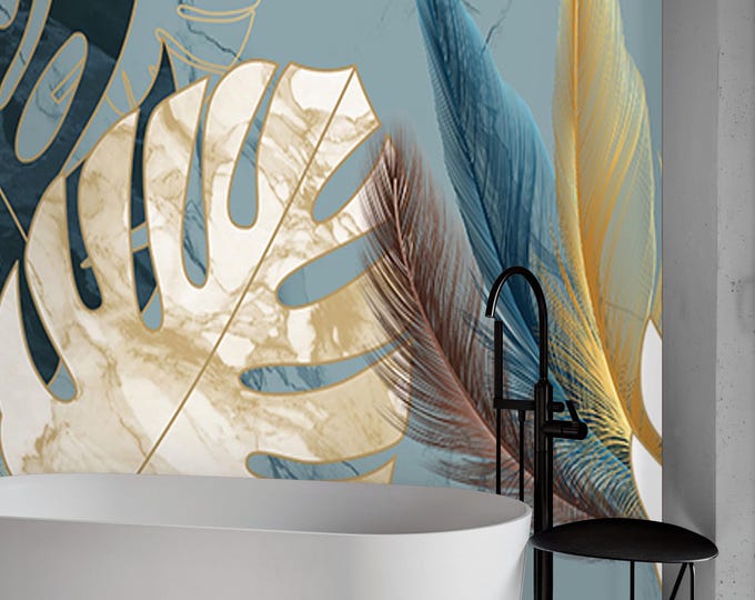 Tropical Feather and Monstera Wallpaper – Peel And Stick Blue and Gold Leaf Design with Marble Texture for Modern Office - Bold Wall Accent
