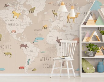 World Map Wallpaper Mural for Kids Bedroom, Children Room Unique Design Animal World Map Wall Mural, Baby Room, Nursery, Playroom Wallpaper