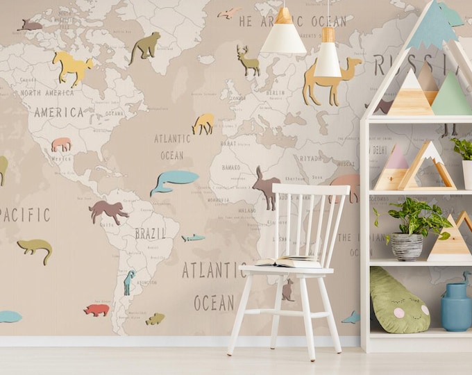World Map Wallpaper Mural for Kids Bedroom, Children Room Unique Design Animal World Map Wall Mural, Baby Room, Nursery, Playroom Wallpaper