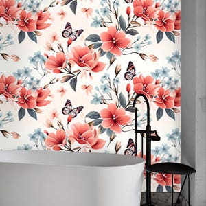 Floral Butterfly Wallpaper – Vibrant Coral and Blue Blossoms with Butterflies on Cream Background for Office or Bedroom Wall Decor