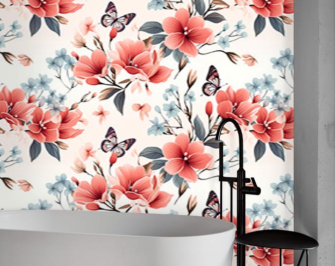 Floral Butterfly Wallpaper – Vibrant Coral and Blue Blossoms with Butterflies on Cream Background for Office or Bedroom Wall Decor