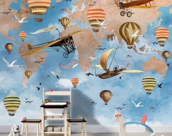 World Map Kids Room Wallpaper Mural, Air Balloon Planes Nursery Wall Mural, Baby Room Decoration, Blue Child Room Mural, Gift for Children