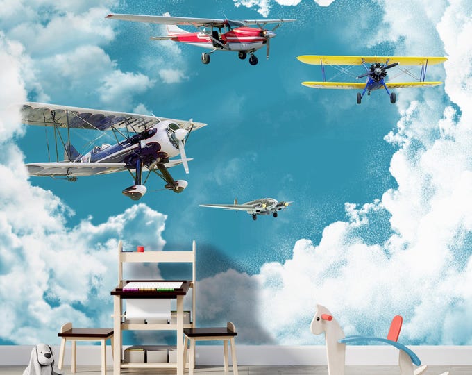 Kids Room Wall Mural, White Clouds And Blue Sky Boys Room Wallpaper, Plane Theme Wall Decal, Baby Room Gift, Unique Nursery Wall Decor