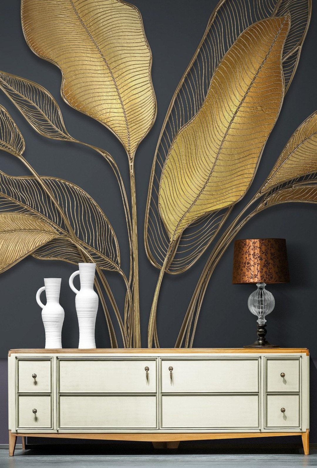 Modern Art Gold Leaf Wallpaper Floral Wall Mural Modern Home Decor for ...