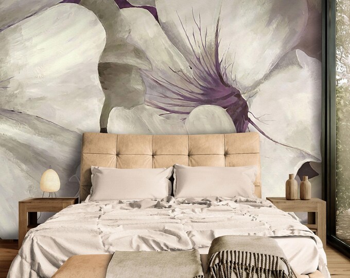 Floral Natural Wallpaper Mural, Large Purple Beige Flowers Wallpaper, Botanical Peel and Stick , Tropical Wallpaper For Bedroom