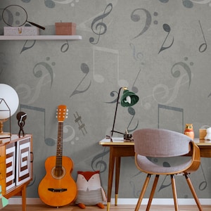 Musical Notes Wallpaper – Gray Peel and Stick Wall Mural for Music Room or Kids Bedroom – Modern Music Theme Wall Decor for Creative Space