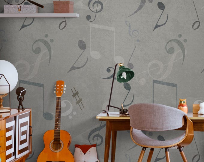 Musical Notes Wallpaper – Gray Peel and Stick Wall Mural for Music Room or Kids Bedroom – Modern Music Theme Wall Decor for Creative Space
