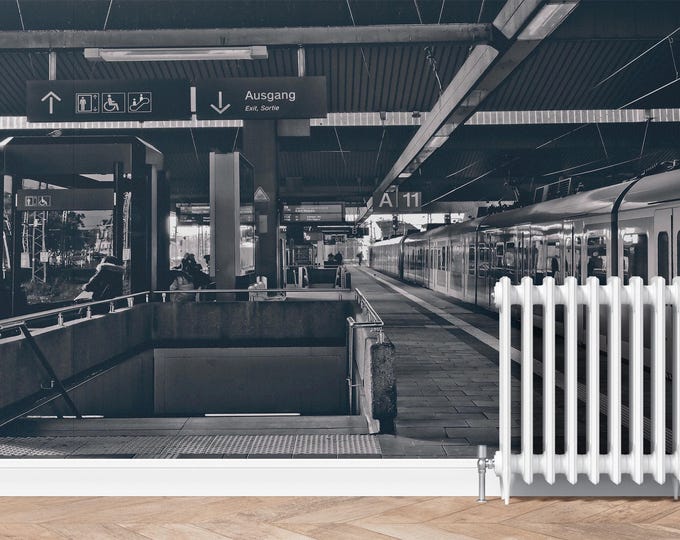 Train Station Wallpaper, Modern Black and White Wall Mural, Large Luxury Wall Decal for Livingroom or Office, Peel and Stick or Traditional
