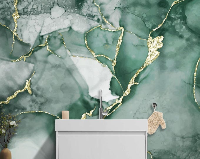 Emerald Green Marble Wallpaper, Gold Vein Abstract Wall Mural, Luxury Peel and Stick Bathroom Decor, Modern Removable Accent
