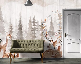 Whimsical Woodland Animal Wall Mural, Watercolor Forest Deer Wallpaper, Neutral Nature Trees & Florals – Rustic Peel and Stick Wall Decor