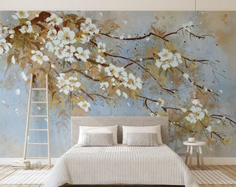 Floral Wallpaper Mural, Flower Wall Mural, Botanical Wallpaper , Peel and Stick or Traditional Green Wallpaper, Removable Tropical Wallpaper