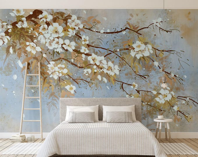 Floral Wallpaper Mural, Flower Wall Mural, Botanical Wallpaper , Peel and Stick or Traditional Green Wallpaper, Removable Tropical Wallpaper