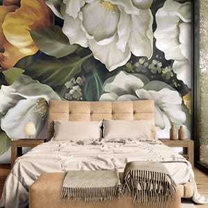 Oversized White Floral Wall Mural Large Peony Wallpaper for Living Room Bedroom Bathroom Botanical Removable Wall Art and Home Decor