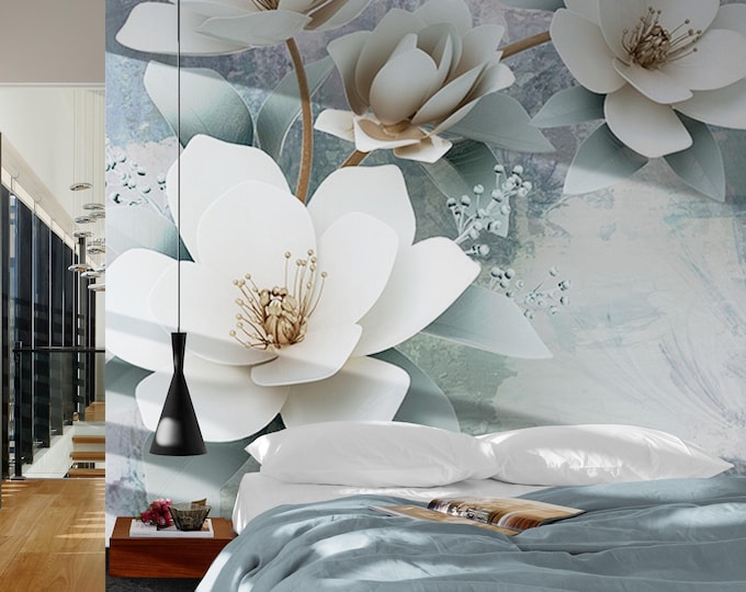 White Flowers Floral Wallpaper Mural , Flower Wall Mural, Peel and Stick or Traditional Green Wallpaper, Removable Peel and Stick Wallpaper