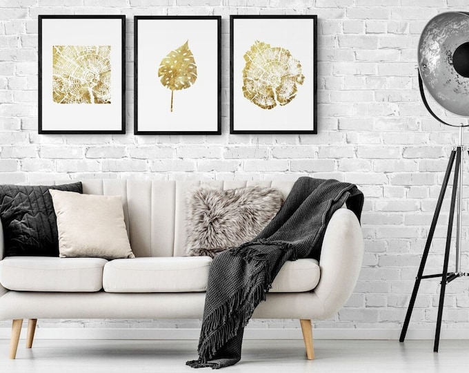 Abstract Gold Tree Stump And Leave Wall Art Framed Wall Decor Art Deco Print on Wood, Wooden Home Gift For Couples Gold Tree Interior Design