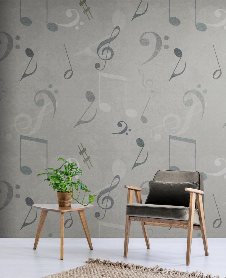 Musical Note Mural Musical Notes Wallpaper – Gray Peel and Stick Wall Mural for Music Room ...