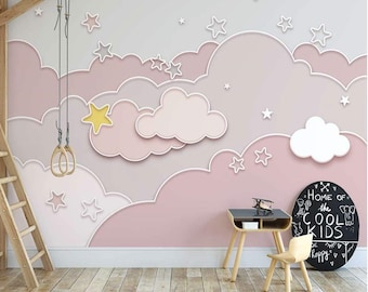 Custom Size Pink Starry Cloud Children's Room Wallpaper, Peel and Stick Nursery or Kids Room Wallpaper, Self Adhesive Girl Room Wall Mural,