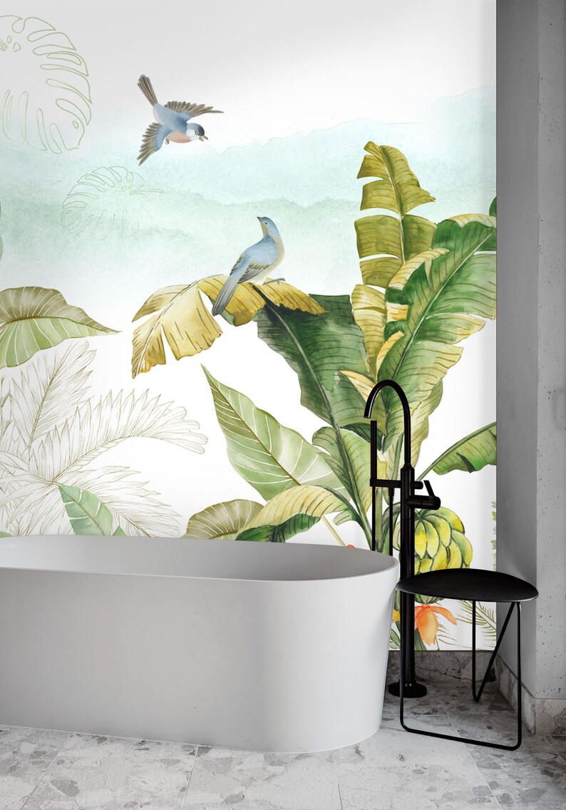 Tropical Jungle Wallpaper Mural – Watercolor Banana Leaves, Birds, and ...