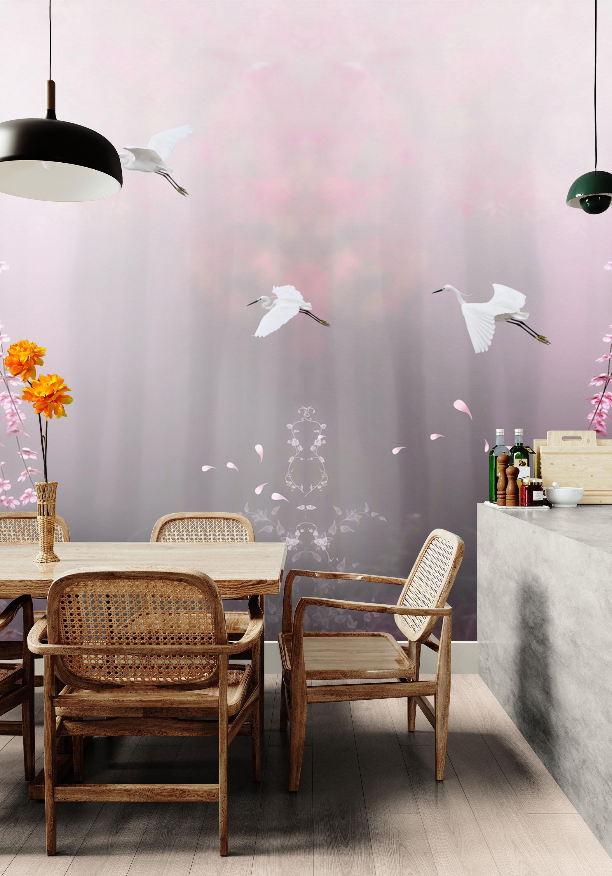 Pink Cherry Blossom Bird Wall Mural, Japanese Style Wallpaper With ...