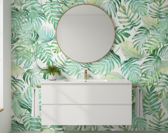 Tropical Leaf Peel and Stick Wallpaper – Green Palm Monstera Removable Botanical Wall Mural for Bathroom, Kitchen, or Living Room