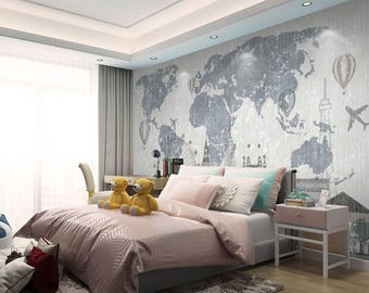 World Map Wallpaper Modern Wall Mural Home Decor For Living Room Bedroom Entryway Cafe (WM35)