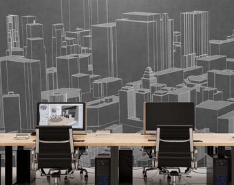 Chalkboard City Blueprint Wall Mural, Dark Charcoal Skyline Peel and Stick Wallpaper for Modern Office Décor, Custom Size Geometric Mural