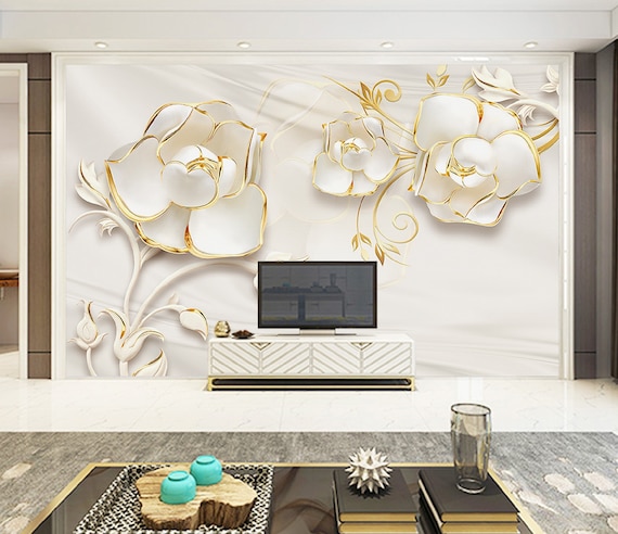 Silk Rose 3D Embossed Wall Mural Inlaid Gold Wallpaper Modern - Etsy New  Zealand