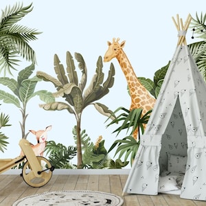 Girafe Child Room Wallpaper,  Tropical  Wall Mural , Monkey, Pelican and Gazelle,  Nursery Room Wall Mural, Customized Background Color