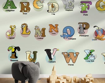 ABC Educational Children's Room Wallpaper, Unique Colorful Animals Self Adhesive Peel or Stick or Traditional Wall Mural, Nursery Wall Decal