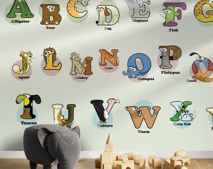 ABC Educational Children's Room Wallpaper, Unique Colorful Animals Self Adhesive Peel or Stick or Traditional Wall Mural, Nursery Wall Decal