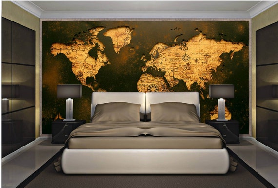Retro Gothic World Map Wall Mural Modern Home Decor For Living Room Bedroom Entryway Cafe