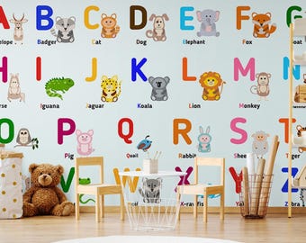 Alphabet wallpaper, Child Room Educational Wallpaper, Animal alphabet Theme Nursery Wall Mural, Kid's Room Decoration