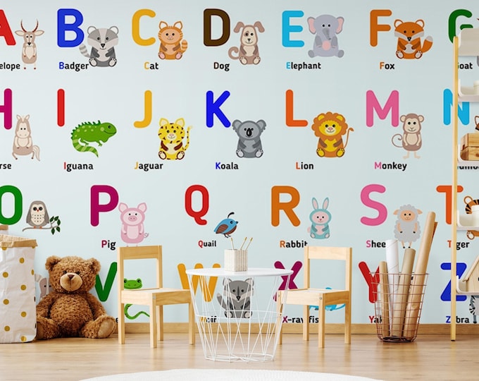 Alphabet wallpaper, Child Room Educational Wallpaper, Animal alphabet Theme Nursery Wall Mural, Kid's Room Decoration
