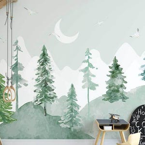 Child Room and Nursery Wallpaper Mural , Baby Room Decoration, Peel and Stick or Traditional Green Wallpaper, Removable Wallpaper