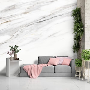 White Marble Wall Mural with Soft Gray Veins – Elegant Stone Texture Wallpaper for Minimalist Living Room or Modern Interior Accent