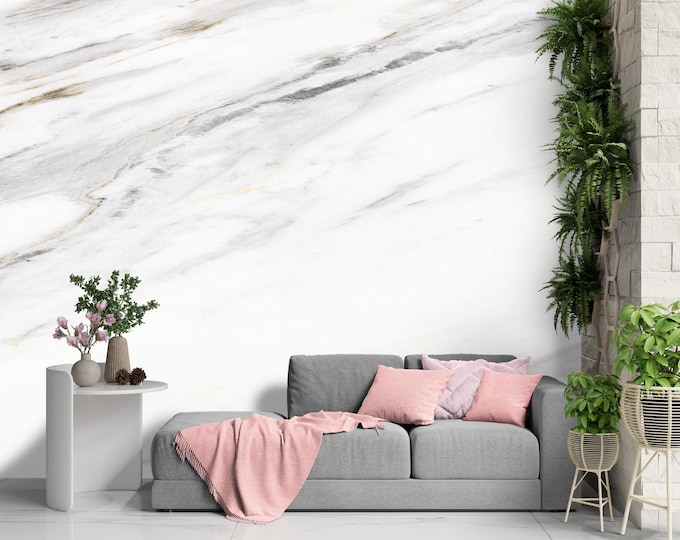 White Marble Wall Mural with Soft Gray Veins – Elegant Stone Texture Wallpaper for Minimalist Living Room or Modern Interior Accent
