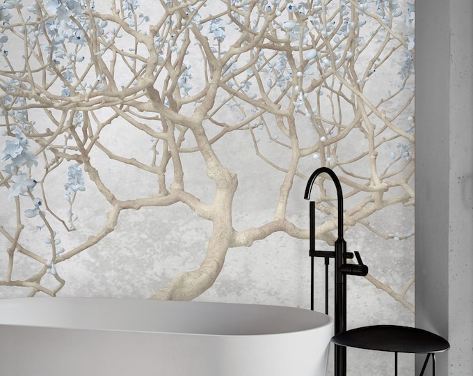 Tree of Life Wallpaper Mural, Gorgeous Blue Flowers on Beautiful Branches, Stunning Nature, Peel And Stick Inspired Wall Art Home Decor