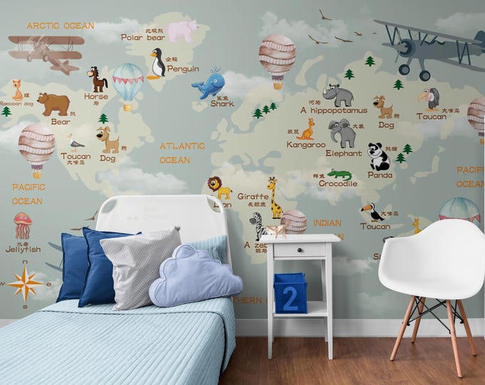 World Map Nursery and Child Room Wallpaper, Plane and Balloon Wall Mural Child Room Decoration