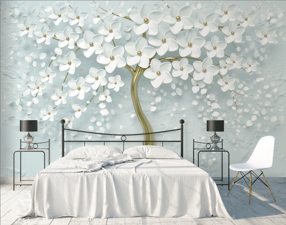 White Flowers Wallpaper 3d Embossed Wall Mural Beautiful - Etsy UK