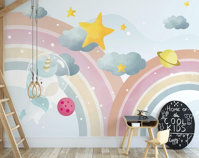 Rainbow Galaxy Mural Wallpaper – Pastel Stars and Space Theme Wall Art for Nursery or Kids Room – Peel and Stick  Design