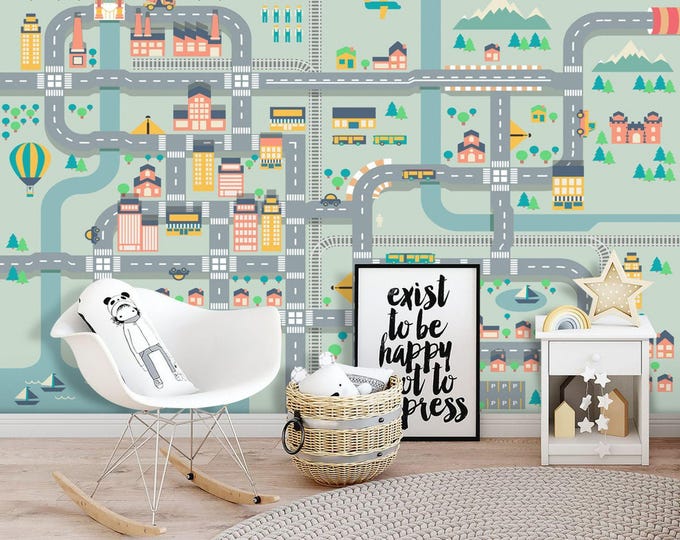 Roadway Cars and Planes Wallpaper Kids Room Cartoon  Wall Mural  Removable Wallpaper (CR91)